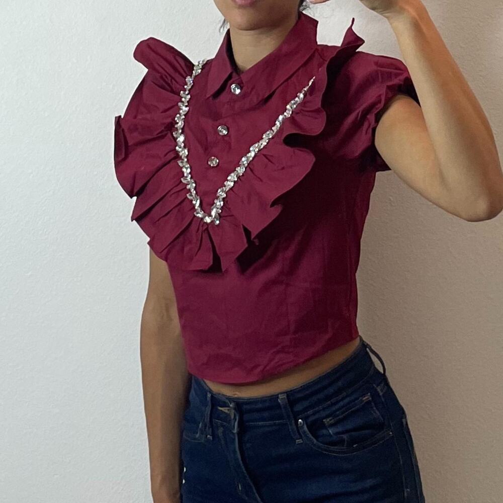 Burgundy Ruffled Neck Shirt With Rhinestones - Picture 2 of 5